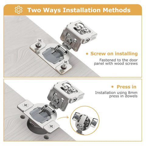 Two ways installation for Heavy Duty 20 Pack Soft Close Cabinet Hinges, showcasing screw-on and press-in methods.