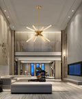 Sputnik Style Gold Flush Mount Chandelier with Eight E26 LED Tube Bulbs in modern living room, emphasizing luxurious decor