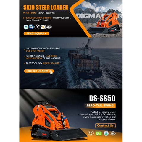 Righteous 23 Horsepower Mini Skid Steer Loader With Rock Solid Lifting Power, Built Like A Tank For Tough Jobsite Work, Standing Gasoline Crawler Machine Packed With Fork And Auger Extras on display.