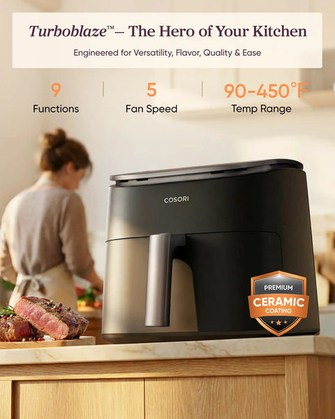 Six Quart Nine In One Air Fryer With Pfas Free Ceramic Basket And Fast Air Technology on kitchen counter with steak.