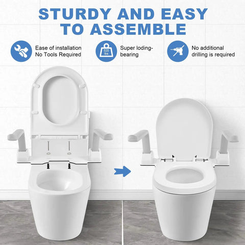 Heavy Duty Toilet Safety Rails For Seniors Featuring Rock Solid Stainless Steel Handles And Upgraded Wall Anchors For Dead Tight Bathroom Support And Steady Confidence, showing easy assembly on a toilet.