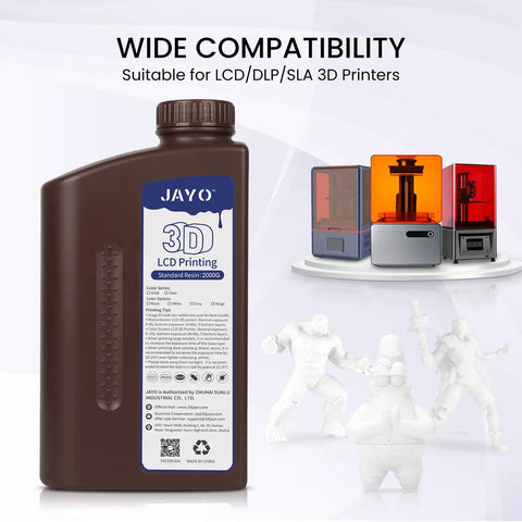 Standard 3D Printer Photopolymer Resin That Prints Smooth As Butter With Legit Low Shrinkage And Super Crisp Details For Lcd Dlp Sla Machines M White 2000G in a brown container with 3D printers in the background.