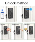 Unlock methods for Premium Rock Solid Smart Fingerprint Deadbolt Lock Featuring Password Card Key And Phone App Control, showcasing TT LOCK App, fingerprint, card, password, and key access.