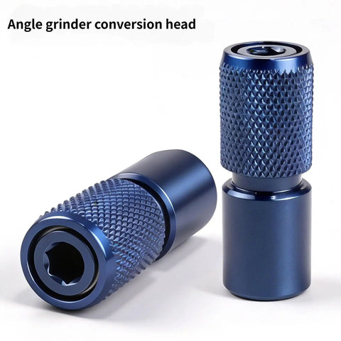 Premium Heavy Duty 10mm Thread Structure Locking Adapter For Power Drills Zero Hassle Chuck Converter Built Dang Tough With Slick Grip close-up view showing the blue metal grinder conversion head.