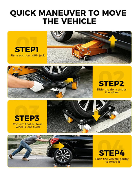 Heavy Duty Car Dolly Set Of 4 6000 Lbs Wheel Dollies For Cars Trucks And Suvs shown in step-by-step vehicle movement instructions.