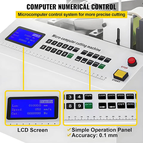 Heavy Duty Heat Shrink Tube Cutter Machine Dead Nuts Precise Cold Cutting Action touchscreen controller with LCD and buttons.