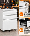 Built Tough As Nails Three Drawer Rolling Tool Chest With Swivel Wheels And Heavy Duty Locks Slick White Steel Shop Organizer with keys and smooth glide drawers.