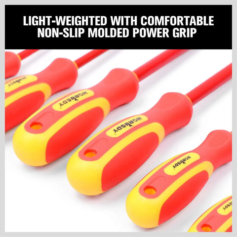 Heavy Duty Six Piece Insulated Screwdriver Set With Sure Grip Magnetic Tips And Certified 1000V Safety Crafted Badass From Chromium Steel With Comfy Rubber Handles close-up of red and yellow non-slip molded handles.