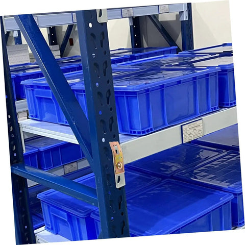 10 Pack Teardrop Pallet Rack Safety Clips, Badass Beam Lock Pins for Secure Shelving holding blue storage bins on shelves.