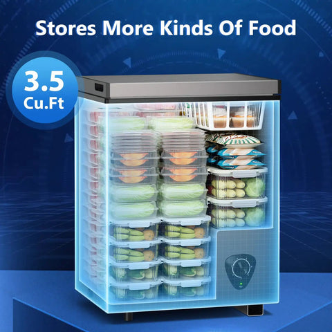 Compact Chest Freezer With Hella Spacious 3.5 Cu Ft Storage And Dang Quiet Cooling Plus Easy Peasy Temp Controls And Solid Grey Frame showing organized food storage in transparent bins.