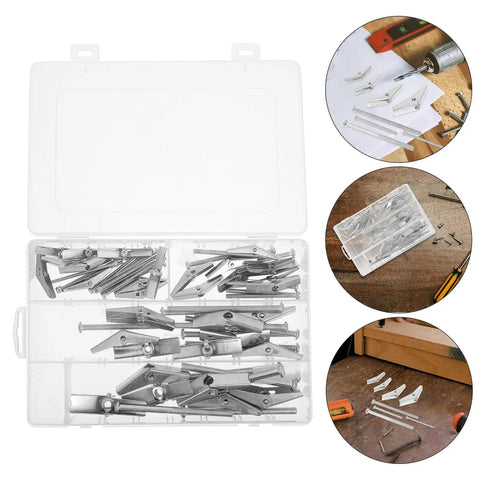 Heavy Duty Drywall Anchors And Toggle Bolts Kit, 32 Pcs Metal Wall Fasteners with wing nuts in transparent box and usage examples