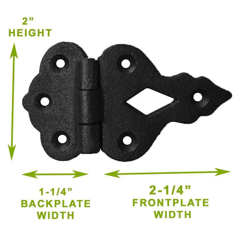Two Pack Black Wrought Iron Offset Cabinet Hinges Three Eighths Inch Hoosier Style Kitchen Cupboard Door Hardware, 2x1-1/4x2-1/4 in size.