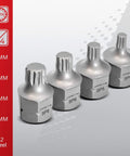 Close-up of four XZN Triple Square Stubby Low Profile Bit Socket Set 4Mm to 8Mm 12 Point Spline S2 Steel on grey background.