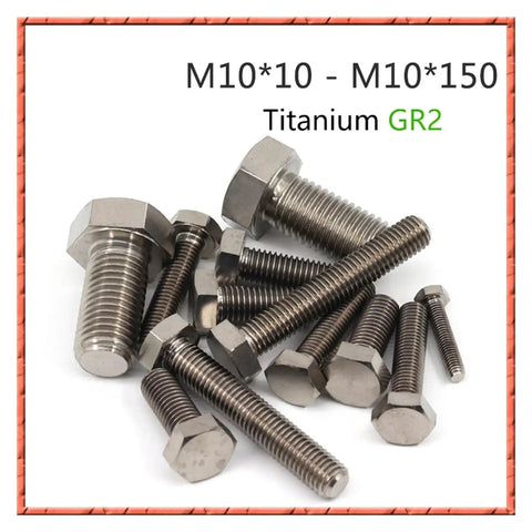 Top Shelf Pure Titanium Hex Head Bolts M10 Flat Head Machine Screws Assorted Lengths Set Of Ten grouped in various lengths.