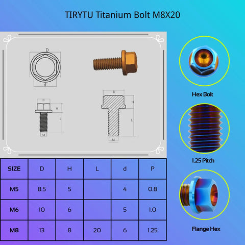 Slick Grade A Titanium Flange Hex Bolts M8 X 20Mm Six Pack specifications drawing with size details and hex bolt features.