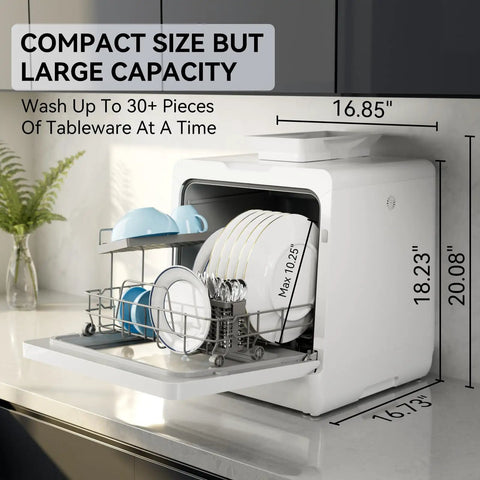 Countertop Dishwasher With Five Place Setting Capacity And Seven Washing Programs tackling dirty pots and plates in a compact design.