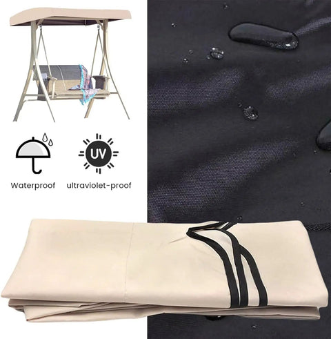 Replacement Canopy For Outdoor Swing Seat 2 To 3 Seater Patio Chair Waterproof All Weather Sun Shield Top Cover Heavy Duty 195x122cm 300D Polyester shown with water droplets indicating waterproof feature.