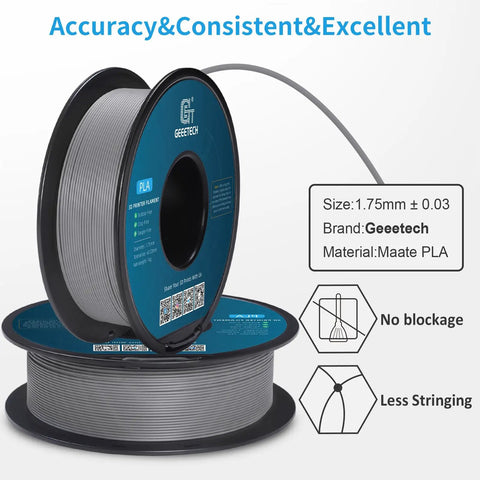 Premium Matte PLA Filament In Sleek Grey 1.75Mm 1Kg Spool For Zero Drama 3D Prints Compatible With Bambu AMS And Standard FDM Machines, showing spool and specifications.