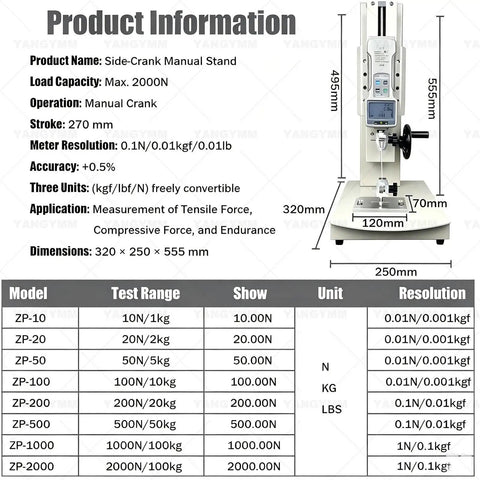 Top Tier Desktop Push Pull Gauge Digital Force Tester Kit With Ruler And Five Swappable Probes For Smooth Tensile And Compression Testing On Fishing Lines Ropes And Steel Cable with manual crank stand and dimensions.