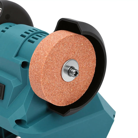 Close-up of corundum wheel on Heavy Duty Mini Bench Grinder With Full Throttle Copper Motor For fast sharpening.