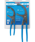 Heavy Duty Oil Filter And PVC Pliers Set With 9 Inch And 12 Inch Pliers Made In USA. Set in retail packaging on white background.