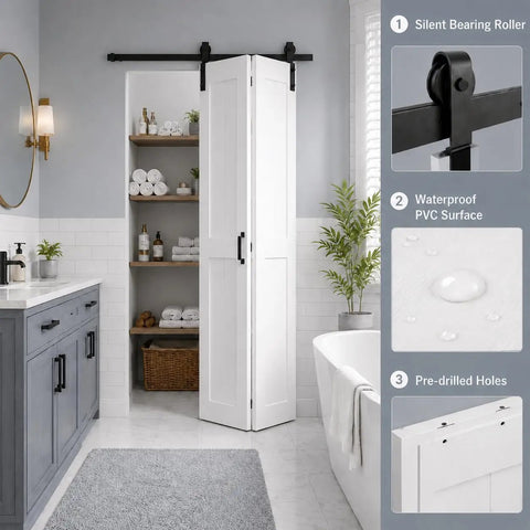 H Shape Bifold Barn Door 36 By 84 Inches Equipped With Heavy Duty Track Kit For Closets Pantries And Bedrooms in bathroom with towels.