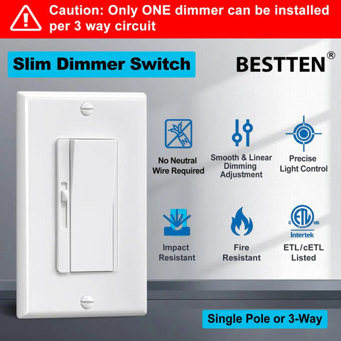Five Pack Single Pole And Three Way Dimmer Light Switch With Wall Plates Handles Led Cfl Incandescent Halogen Bulbs Up To Six Hundred Watts At Fifteen Amps Etl Certified For Butter Smooth Control And No Sweat Setup, Slim dimmer switch with features.