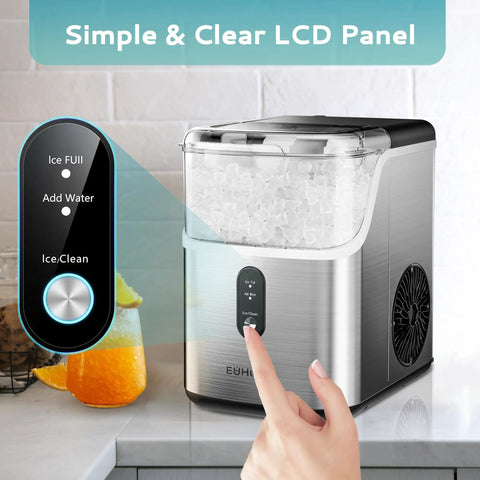 Countertop Nugget Ice Maker With Self Cleaning Function, Sonic Pebble Ice Machine That Delivers Soft Ice In 7 To 10 Minutes, Stainless Steel Silver design with LCD panel on a kitchen countertop.