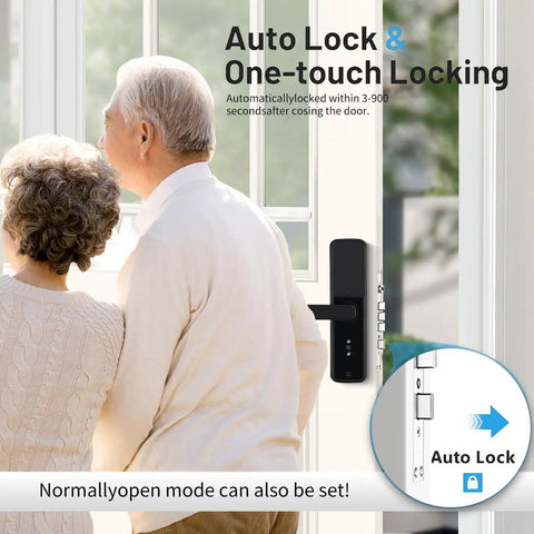 Couple standing by front door with Slick Smart Fingerprint Door Lock With Built In Wifi And Tuya App Remote Control.