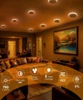 Sweet Setup 12 Pack 4 Inch LED Recessed Ceiling Lights With Built In Amber Glow And Zero Sweat Dimmable 5Cct Control illuminating a modern living room.