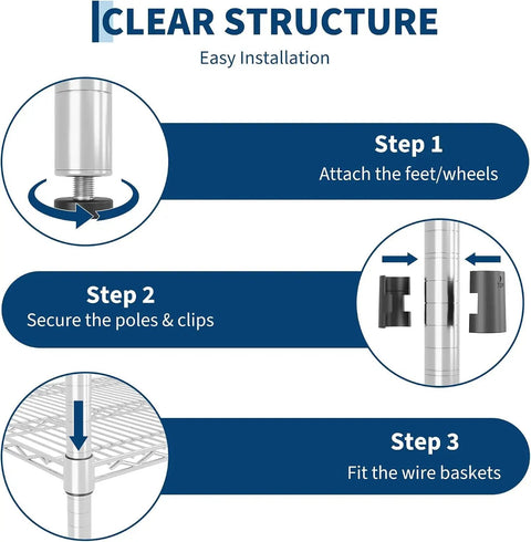Heavy Duty 5 Tier Rolling Metal Wire Storage Rack With Smooth Gliding Casters For Garage Or Pantry installation steps shown.