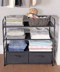 Four Shelf Closet Storage Rack Featuring Two Removable Fabric Storage Boxes Zero Sweat Metal Frame Assembly, showcasing clothes and a basket.