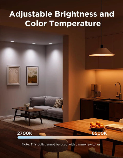 Top Tier Br30 Smart Light Bulbs 850 Lumen E26 Socket 4 Pack RGBWW Full Spectrum Color Changing with adjustable brightness.