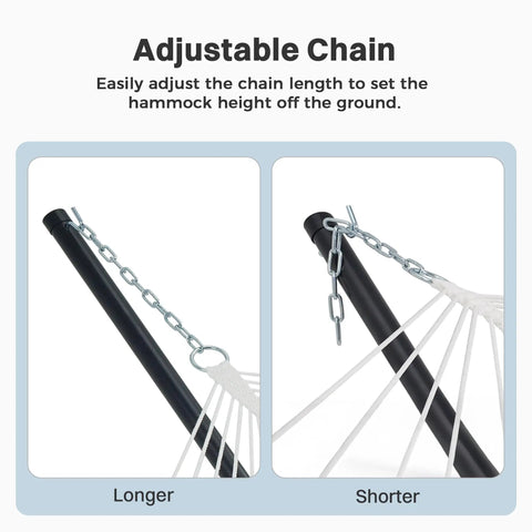 Adjustable chain on curved bar hammock with stand for two people heavy duty frame detachable pillow and portable carrying bag.