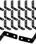 Kickass Heavy Duty Black L Corner Brackets Built To Last With Rust Resistant Coating For Hardcore DIY Woodworking And Renovation Projects Includes Screws Pack, 20 black steel brackets arranged.