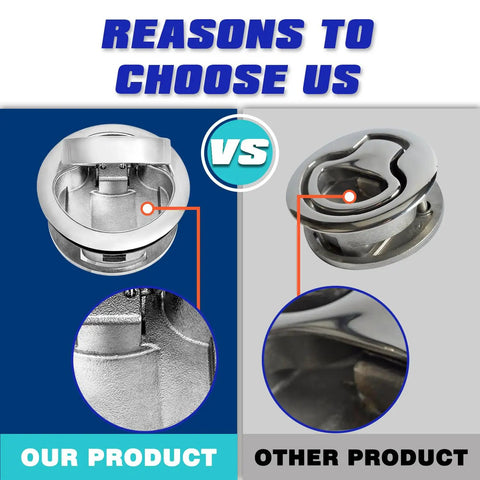 Comparison of Tough As Nails Marine Slam Latch Handles 316 Stainless Steel Flush Deck Hatch Locks for boats and RVs.