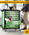 Smooth Operator 2 Inch Heavy Duty Double Ball Bearing Caster Wheels Featuring Slick Swivel Mounting Plates Ultra Low Roll Resistance Nonskid Rubber Treads With Classic Brass Accents For Office Chairs And Utility Carts on a green tool cart with tools.