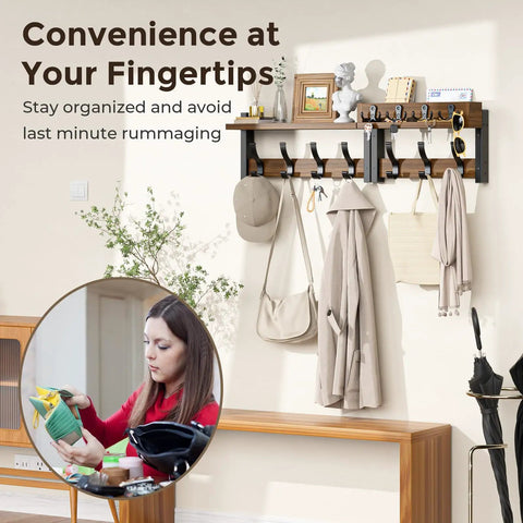 29 Inch Wall Mounted Coat Rack with Swanky Shelf and Heavy Duty Hooks for Entryway Organization Brown Storage Holder for Coats Bags Hats and Mail with hats and bags displayed.