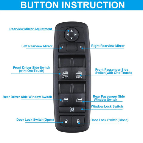 Button instructions for Left Driver Side Power Window Switch For Chrysler Town And Country 2012 2013 2014 2015 2016 Dodge Grand Caravan.