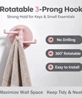 No Drill Rotatable 3 Prong Wall Hook With Insane Adhesive Hold For Durable Key Towel Bag Storage Waterproof Swiveler, showcasing mounted towel.