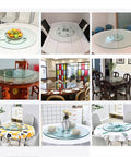 Slick 360 Degree Swivel Lazy Susan Turntable For Kitchen Serving Rack Organizer Tray With No Fuss Smooth Rotation And Rock Solid Tempered Glass Centerpiece displayed on various dining tables.