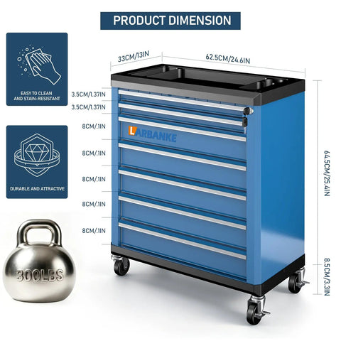 Heavy Duty Rolling Tool Chest With Seven Deep And Shallow Drawers Lockable Mobile Tool Cabinet On Swivel Wheels For Garage Organization dimensions with weight capacity of 300 lbs.