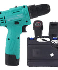 Straight Up Rugged Heavy Duty Cordless Impact Drill Packing Serious Power With Dual Speed Control And Steady Torque For Auto And Diy Shelf Repairs, turquoise drill with battery and charger.