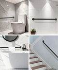 Hella Sturdy Extra Long Matte Black Safety Grab Bar Featuring Knurled Anti Slip Grip And Premium 304 Stainless Steel in bathroom settings.