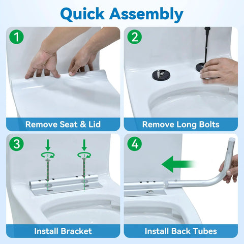 Quick assembly instructions for Dead Nuts Solid Heavy Duty Aluminum Toilet Safety Rails with focus on removing parts and installing brackets.