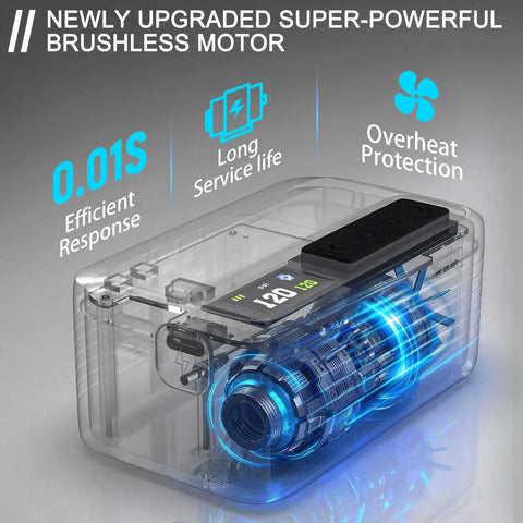 On The Go Compact Mini Bike Pump With 120 PSI Max showcases clear casing and LED display, highlighting brushless motor features.