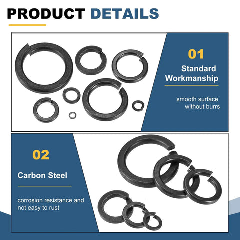 No Frills M24 Split Lock Washers 20 Pack 304 Stainless Steel Spring Safety Rings in various sizes for heavy bolts and nuts.