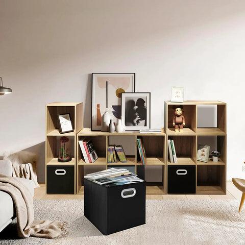 Collapsible Fabric Storage Bins Set Of Six With Sturdy Reinforced Base And Rugged Double Handles For Closets Bedrooms And Nurseries Top Shelf Build Keeps All Your Stuff Securely Put Away Black in a home setting.
