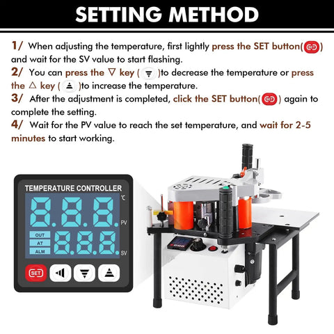 Setting method for Portable Edge Bander For Woodworking With Curve And Straight Line Bonding Dual Side Glue Application Adjustable Speed