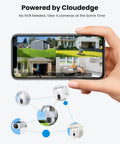 Smartphone displaying Solar Powered Outdoor Security Camera views, powered by CloudEdge, for home monitoring, four cameras shown.